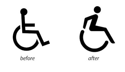 Usual disability figure in a wheelchair contrasted with a much more active figure that is using its arms to push the wheels on the chair 