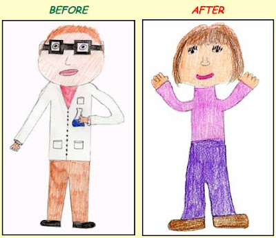 Side by side kid drawings of a male scientist in a white lab coat and a female scientist in regular clothes