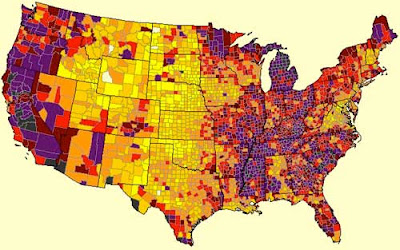 County map of the U.S. with red, yellow, orange, purple and black to indicated unemployment