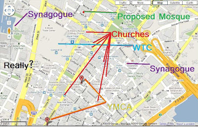 Map of lower Manhattan showing 2 synagogues, 7 churches and 2 YMCAs near Ground Zero