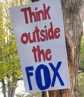 Think outside the Fox, red and blue marker on white foamcore board