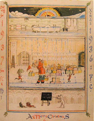 Sectioned illustration of polar bear in an overflowing bathtub, Father Christmas one floor below outraged as water pours out of the ceiling onto the gifts