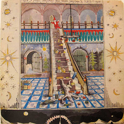 Watercolor illustration of a polar bear at the bottom of a long staircase, Father Christmas at the top looking down at him