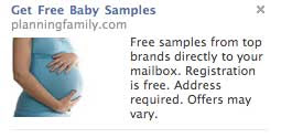 Facebook ad that reads Get Free Baby Samples, showing a pregnant woman's belly