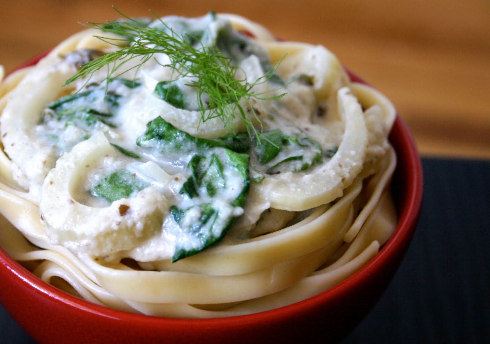 Vegan Roasted White Eggplant Alfredo Sauce + Fennel and Spinach