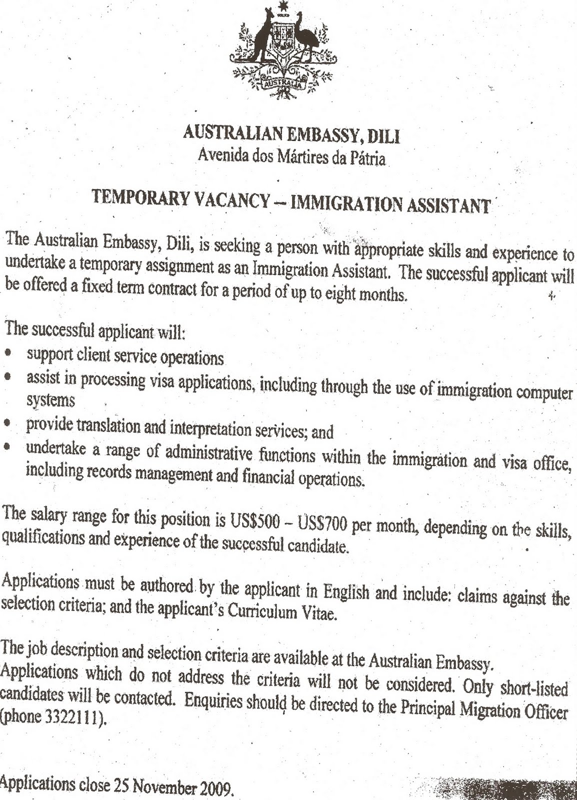 Cover letter for job application embassy
