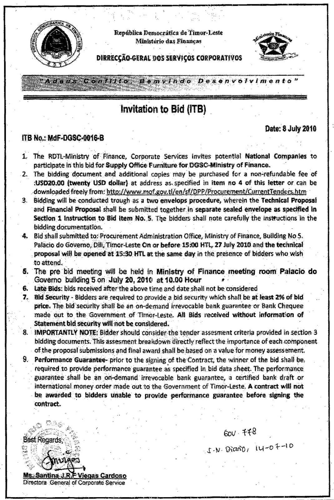 Tenders iha TimorLeste Gov778 ITB MdFDGSC0016B Supply of Office