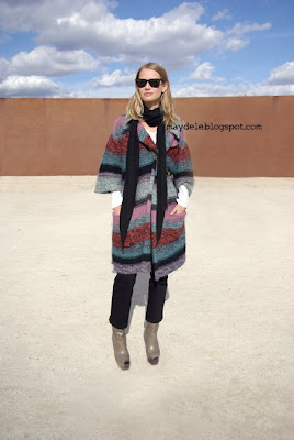 Holli Rogers wearing Chloé striped cardigan and Marni boots