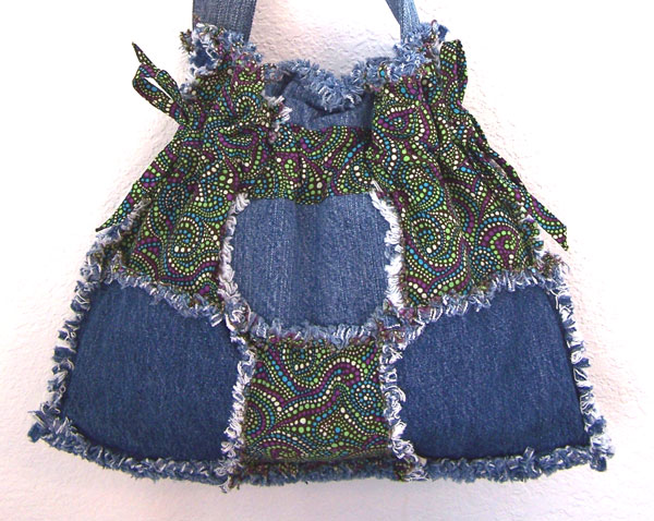 Handmade Denim Drawstring Bag Purse Psychedelic Hippie Design
