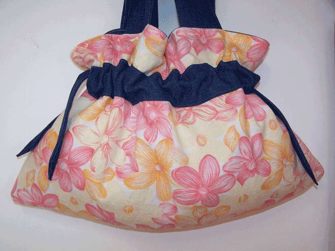 SOLD~Handmade Drawstring Handbag Denim Purse Pink Yellow Flowers