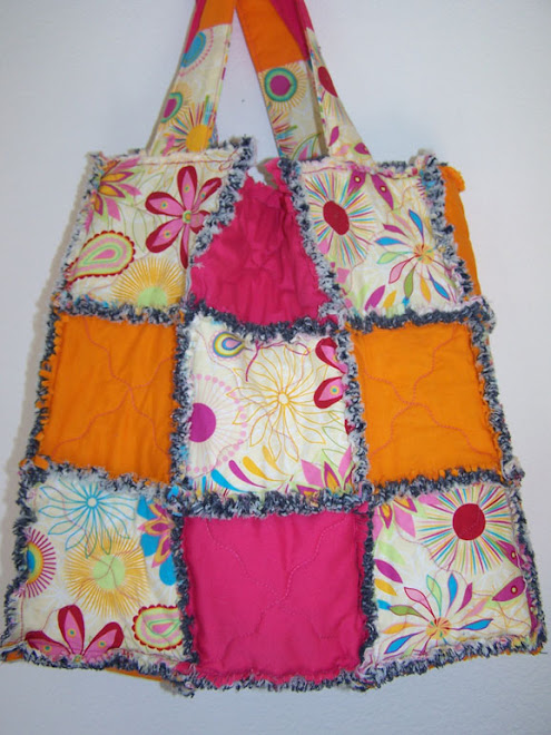 Handmade Ragged Quilted Denim Tote Bag Purse Bright Calico Flowers