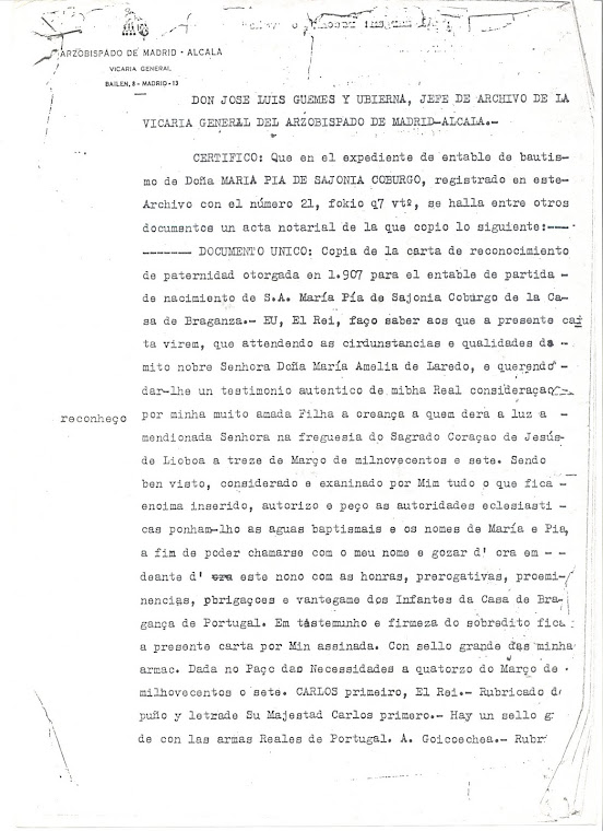 CERTIFICATO DI PATERNITA' DI SAR D. MARIA PIA - PAG. 1