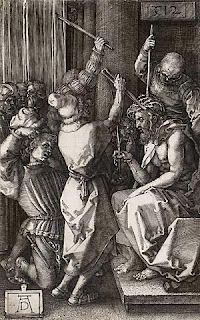 Jesus Christ getting nailed and with crown of thorns by warriors black and white drawing art picture