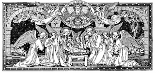 Jesus Christ just born and angels singing art work black and white Christian picture