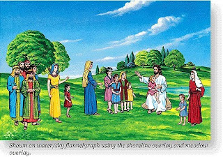 Jesus Christ with Children and their families near to the river on the hills color drawing art image
