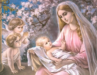 Born baby Jesus with mother mary and child angels smiling at trees Christian desktop background picture