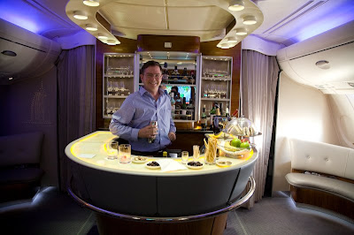 Jim Fruchterman behind the bar on an Airbus 380