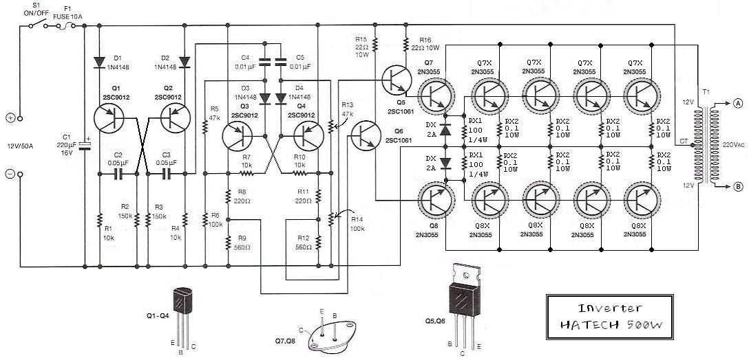GVC Lighting Inverter Circuit 12V to 220V 500W by 2N3055