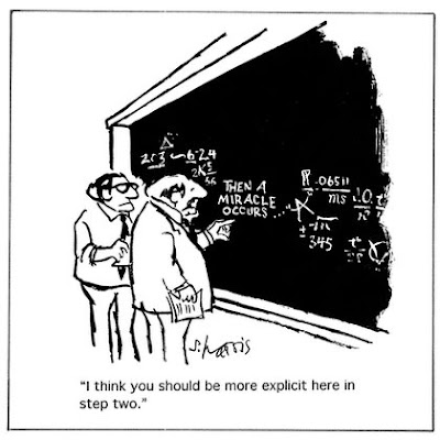 cartoon of scientists writing a formula on a chalkboard