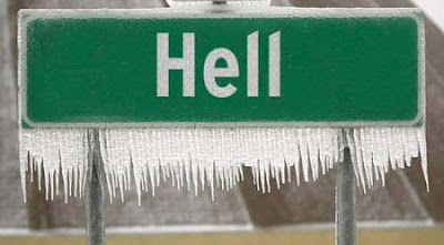 photo of a frozen road sign to hell