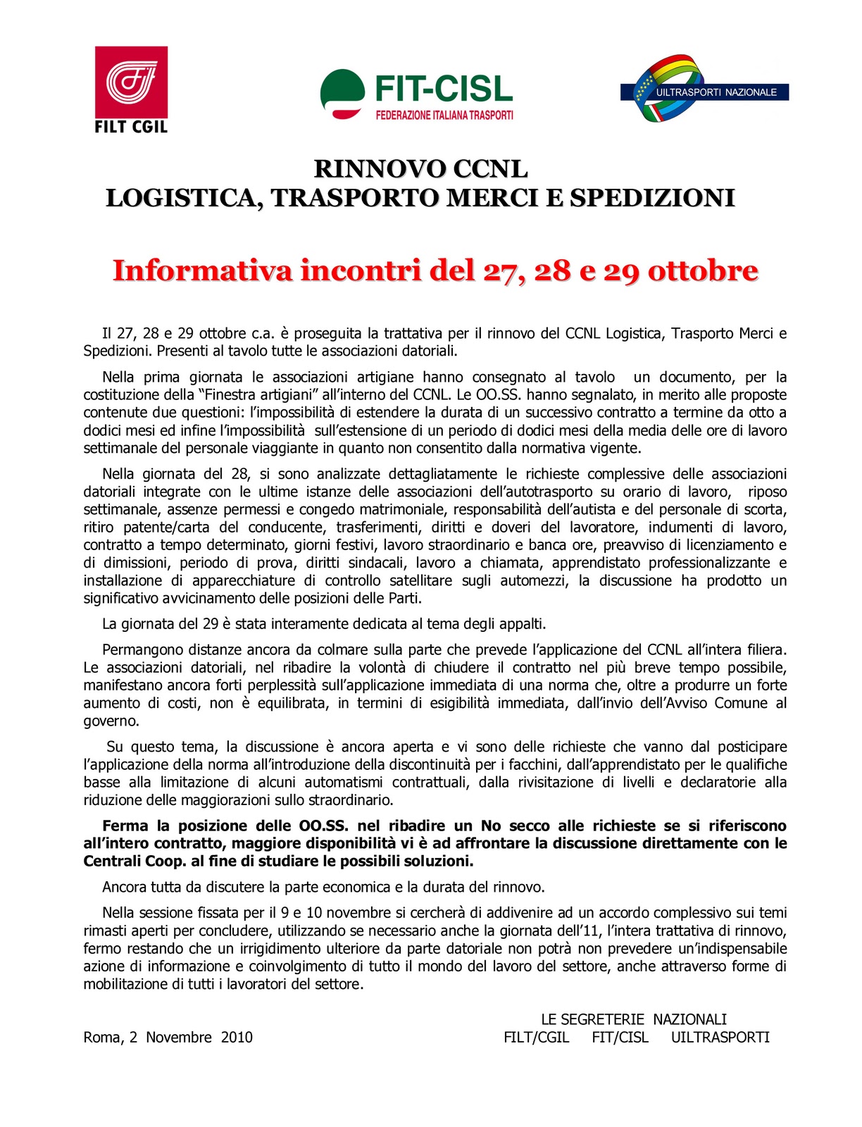 FIT CISL LAZIO INFORMATIVA RINNOVO CCNL LOGISTICA, TRASPORTO MERCI E