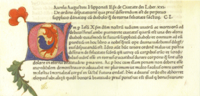 Handgemalte Initiale aus Aurelius Augustinus De civitate Dei, Rom: Conrad Sweynheym & ArnoldPannarz um 1468