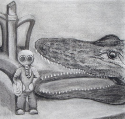 Charcoal drawing of an alligator head and vintage fish tank toys