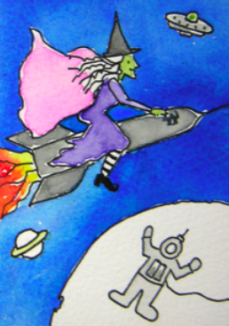 witch riding a rocket in space