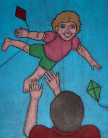 Painting of a girl flying through the air and her dad catching her.