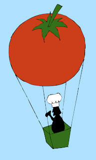 tomato hot air balloon with a chef passenger