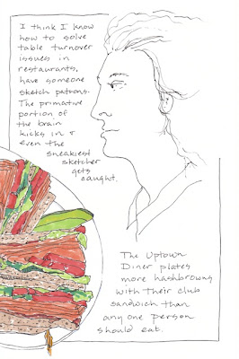 Ink drawing at a diner of food and a patron