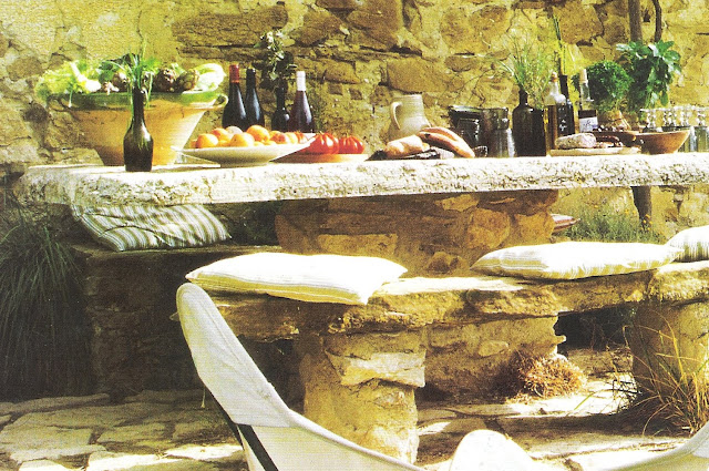 Côté Sud, stone table and bench, edited by lb for  linenandlavender.net, here:  http://www.linenandlavender.net/2009/08/and-livin-is-easy.html