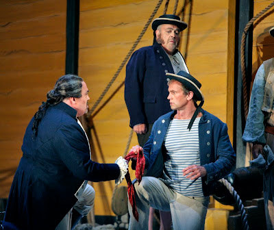 Peter Rose (Claggart), Teddy Tahu Rhodes (Billy), and John Duykers (Red Whiskers) in Billy Budd, Santa Fe Opera, 2008 (photo © Ken Howard)