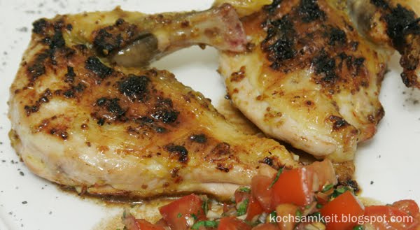 Kochsamkeit: Grillwetter: Perlhuhn mit Honigsenfkruste und Tomatensalat