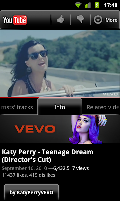 YouTube screen with VEVO video of Katy Perry's Teenage Dream