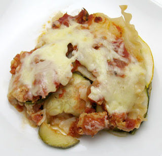 Lasagna with ground chicken, summer squash, and mixed greens