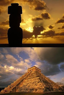 Moái de la isla de Pascua y pirámide maya