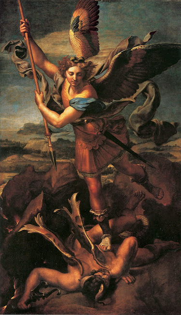 Michael defeats the devil underfoot - Raphael 1518 AD - Paris - Musee du Louvre