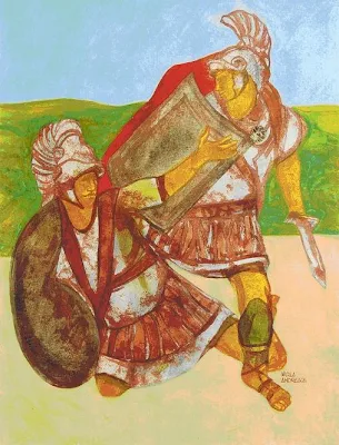 Enea e Turno, 1985, opera di Nicola Andreace (Tecnica mista su tela, cm.60X80)