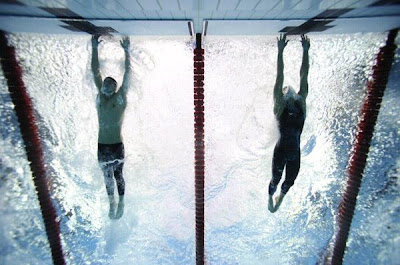 photo finish: Michael Phelps, on left; Milorad Cavic on right