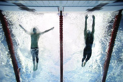 photo finish: Michael Phelps, on left; Milorad Cavic on right