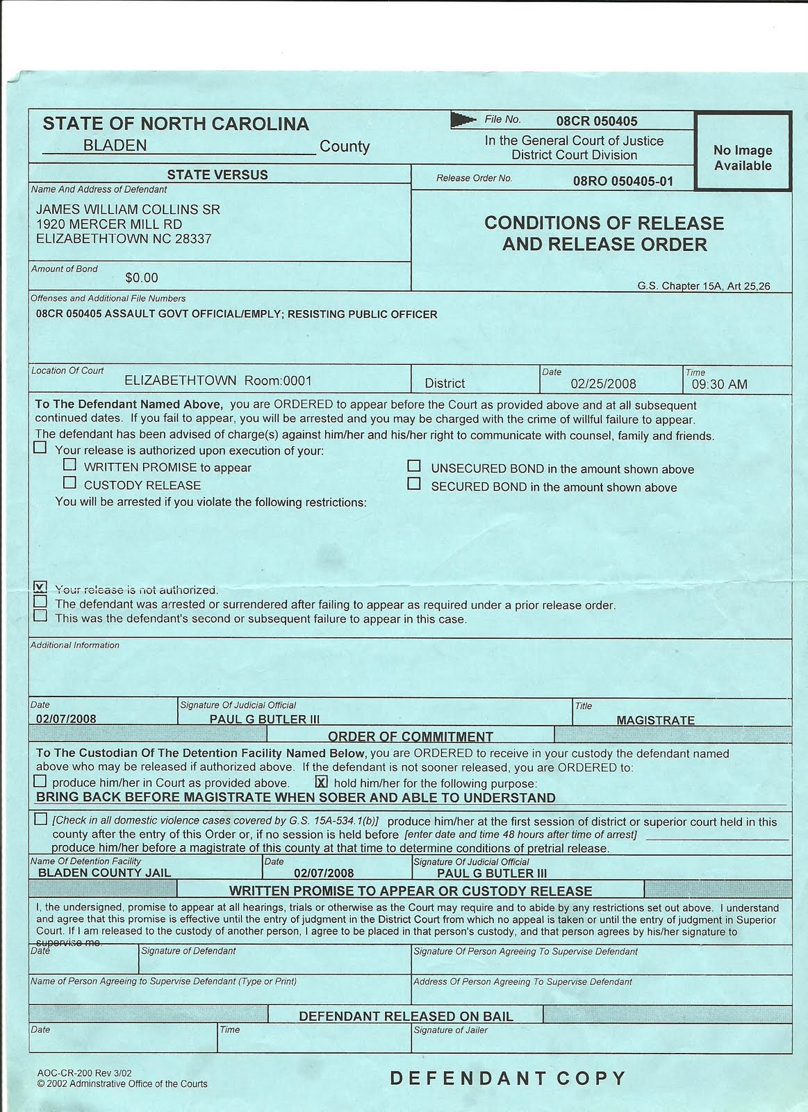 JAYBIRD COLLINS' STORY CASE AGAINST BLADEN COUNTY MAGISTRATE PAUL BUTLER