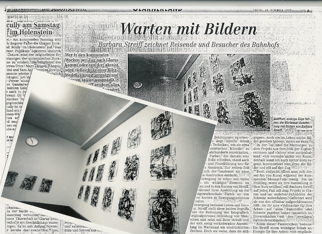 performance of expressive motions painting on news paper by barbara streiff in train station glarus