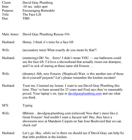Radio Commercial Template Chart Designs Erin Lindsay Brown David Gray Plumbing Radio Commercial