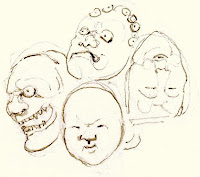 Manju formed of a group of 7 noh theatre masks; Late 19th century, ivory.