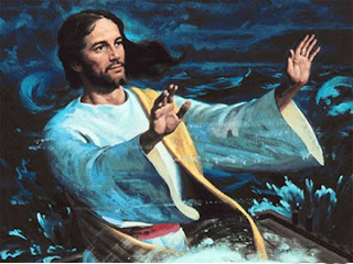 Jesus stopping the sea storm by raising hands photo