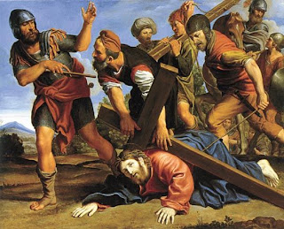 Jesus Christ fell while carrying cross warriors beating Jesus Christ color drawing art image