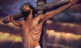 Jesus Crucifixion picture with wooden cross and blood