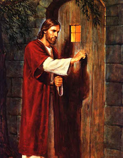 Savior Jesus at the door of wooden and knocking on it Christian drawing art religious image