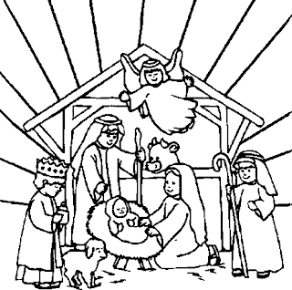Baby Jesus in the manger coloring page and angels praying, parents Joseph, Mother Mary and animals around him as his birth into our world download free Christmas religious clip art pictures